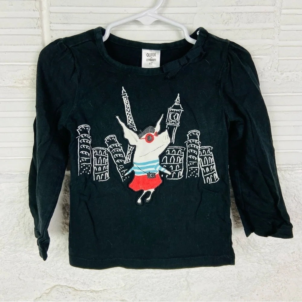Olivia for Gymboree Black Long Sleeve cotton Tee with Cityscape Design SZ 2T